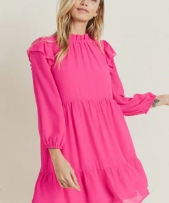 Wanderlust By Abby Long Sleeve Flowy Hot Pink Dress