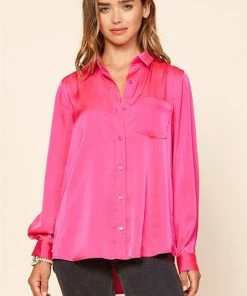 Wanderlust By Abby Long Sleeve Satin Woven Button Down Shirt CLOTHING