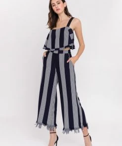 Wanderlust By Abby NEW Stripe Fringe Hem Wide Pants