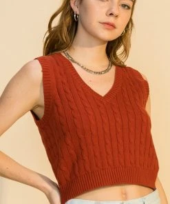 Wanderlust By Abby V Neck Cable Knit Crop Sweater Vest
