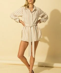 Wanderlust By Abby Stripe Button Up Shirt With Waist Tie