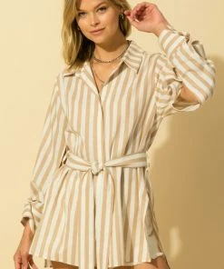 Wanderlust By Abby Stripe Button Up Shirt With Waist Tie