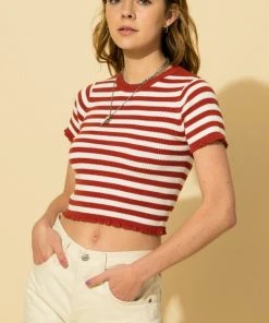 Wanderlust By Abby Stripe Lettuce Edge Crop Knit Top NEW