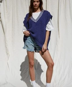 Wanderlust By Abby NEW Navy Knit Sweater Sleeveless V-Neck Oversized Tunic Vest