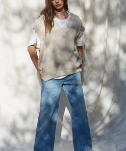 Wanderlust By Abby NEW Beige Knit Sweater Sleeveless V-Neck Tunic Vest