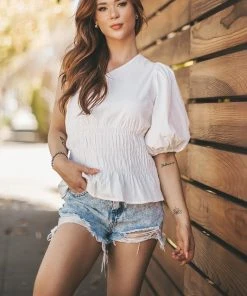 Wanderlust By Abby White One-Shoulder Balloon Sleeve Linen Top NEW