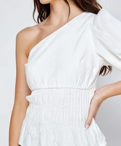 Wanderlust By Abby White One-Shoulder Balloon Sleeve Linen Top NEW