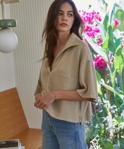 Wanderlust By Abby Knit Hacci Short Sleeve Over-sized Collared Crop Top