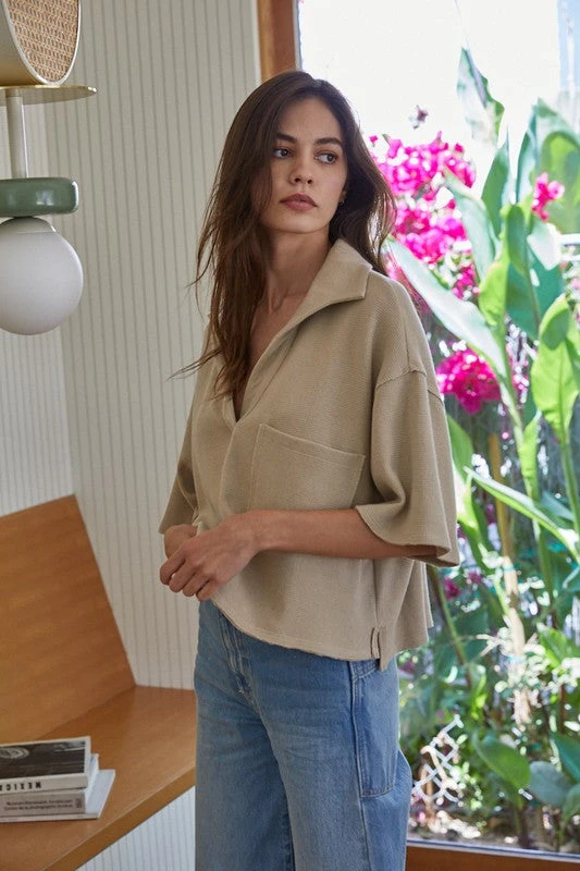 Wanderlust By Abby Knit Hacci Short Sleeve Over-sized Collared Crop Top 3 Wanderlust By Abby Knit Hacci Short Sleeve Over-sized Collared Crop Top