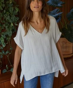 Wanderlust By Abby Satin Cuff Sleeve V-Neck