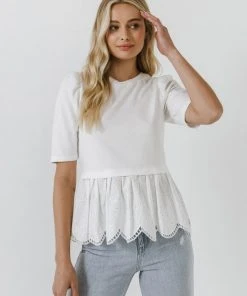 Wanderlust By Abby NEW Mixed Media Eyelet Scallop Top
