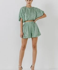 Wanderlust By Abby Green Sequin Cropped Puff Top