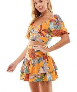 Wanderlust By Abby Orange Bubble Sleeve Crop Top