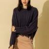 Wanderlust By Abby Frayed Trim Drop Shoulder Round Neck Sweater