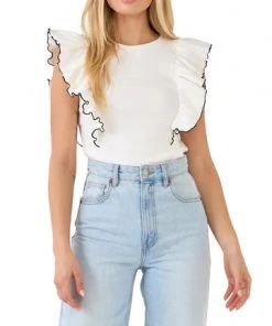 Wanderlust By Abby Contrast Merrow Detail Ruffled Knit Top