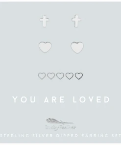 Lucky Feather Cross & Hearts Earring Set