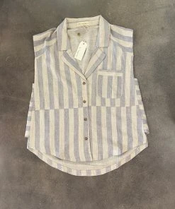 Wanderlust By Abby Sleeveless Stripe Button Down Top NEW