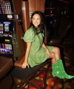 Queen Of Sparkles QOS Green Full Rhinestone Baby Doll Dress NEW