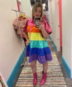 Queen Of Sparkles Sequin Sleeve Rainbow Tiered Dress CLOTHING
