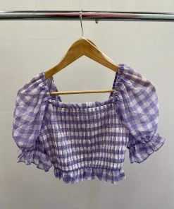 Wanderlust By Abby Lilac Gingham Print Smocked Top NEW