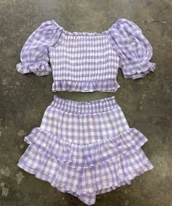 Wanderlust By Abby Lilac Gingham Print Smocked Top NEW