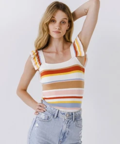 Wanderlust By Abby Multi Stripe Ruffled Knit Top NEW