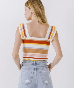 Wanderlust By Abby Multi Stripe Ruffled Knit Top NEW