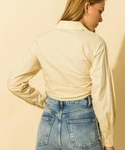 Wanderlust By Abby Drawstring Ruched Crop Button Down Blouse NEW