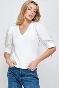 Wanderlust By Abby NEW Poplin V Neck Knit Top