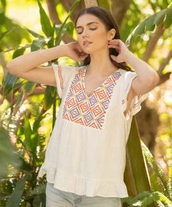 Wanderlust By Abby NEW Knit Embroidered Flutter Sleeve Top