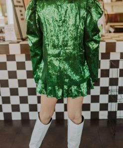 Queen Of Sparkles QOS Green Poof Sleeve Sequin Blazer NEW
