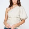 Wanderlust By Abby One-Shoulder Balloon Sleeve Linen Top