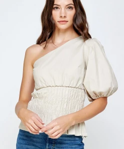 Wanderlust By Abby One-Shoulder Balloon Sleeve Linen Top