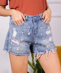 Wanderlust By Abby NEW Denim Shorts With Pearl Embellishments