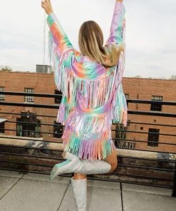 Wanderlust By Abby Rainbow Fringe Leather Jacket NEW