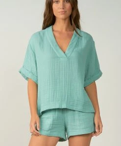 Wanderlust By Abby Teal V Neck Top NEW